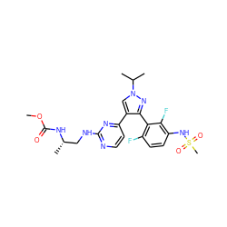 COC(=O)N[C@@H](C)CNc1nccc(-c2cn(C(C)C)nc2-c2c(F)ccc(NS(C)(=O)=O)c2F)n1 ZINC000147787119