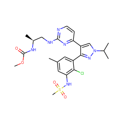 COC(=O)N[C@@H](C)CNc1nccc(-c2cn(C(C)C)nc2-c2cc(C)cc(NS(C)(=O)=O)c2Cl)n1 ZINC000148418318