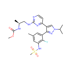 COC(=O)N[C@@H](C)CNc1nccc(-c2cn(C(C)C)nc2-c2cc(C)cc(NS(C)(=O)=O)c2F)n1 ZINC000147437984