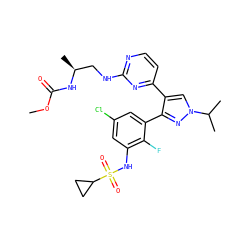 COC(=O)N[C@@H](C)CNc1nccc(-c2cn(C(C)C)nc2-c2cc(Cl)cc(NS(=O)(=O)C3CC3)c2F)n1 ZINC000147437765