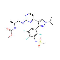 COC(=O)N[C@@H](C)CNc1nccc(-c2cn(C(C)C)nc2-c2cc(F)c(F)c(NS(C)(=O)=O)c2F)n1 ZINC000149054964