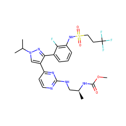 COC(=O)N[C@@H](C)CNc1nccc(-c2cn(C(C)C)nc2-c2cccc(NS(=O)(=O)CCC(F)(F)F)c2F)n1 ZINC000148695259