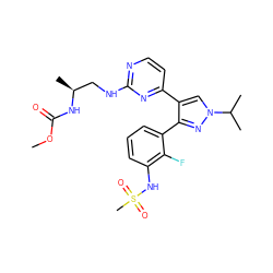 COC(=O)N[C@@H](C)CNc1nccc(-c2cn(C(C)C)nc2-c2cccc(NS(C)(=O)=O)c2F)n1 ZINC000166538751