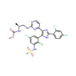 COC(=O)N[C@@H](C)CNc1nccc(-c2nc(-c3ccc(F)cc3F)[nH]c2-c2cc(F)cc(NS(C)(=O)=O)c2Cl)n1 ZINC000169694686