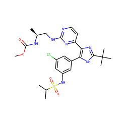 COC(=O)N[C@@H](C)CNc1nccc(-c2nc(C(C)(C)C)[nH]c2-c2cc(Cl)cc(NS(=O)(=O)C(C)C)c2)n1 ZINC000169694642
