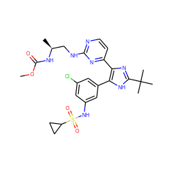 COC(=O)N[C@@H](C)CNc1nccc(-c2nc(C(C)(C)C)[nH]c2-c2cc(Cl)cc(NS(=O)(=O)C3CC3)c2)n1 ZINC000169694638