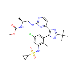 COC(=O)N[C@@H](C)CNc1nccc(-c2nc(C(C)(C)C)[nH]c2-c2cc(Cl)cc(NS(=O)(=O)C3CC3)c2C)n1 ZINC000169694646