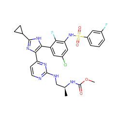 COC(=O)N[C@@H](C)CNc1nccc(-c2nc(C3CC3)[nH]c2-c2cc(Cl)cc(NS(=O)(=O)c3cccc(F)c3)c2F)n1 ZINC000169694675