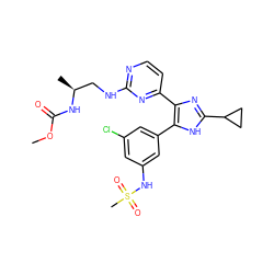 COC(=O)N[C@@H](C)CNc1nccc(-c2nc(C3CC3)[nH]c2-c2cc(Cl)cc(NS(C)(=O)=O)c2)n1 ZINC000169694651