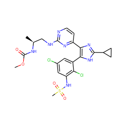 COC(=O)N[C@@H](C)CNc1nccc(-c2nc(C3CC3)[nH]c2-c2cc(Cl)cc(NS(C)(=O)=O)c2Cl)n1 ZINC000169694656