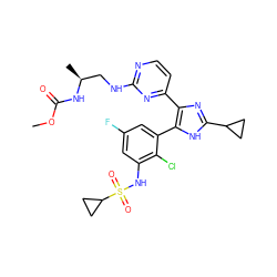 COC(=O)N[C@@H](C)CNc1nccc(-c2nc(C3CC3)[nH]c2-c2cc(F)cc(NS(=O)(=O)C3CC3)c2Cl)n1 ZINC000169694663