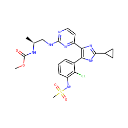 COC(=O)N[C@@H](C)CNc1nccc(-c2nc(C3CC3)[nH]c2-c2cccc(NS(C)(=O)=O)c2Cl)n1 ZINC000169694652