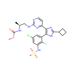 COC(=O)N[C@@H](C)CNc1nccc(-c2nc(C3CCC3)[nH]c2-c2cc(Cl)cc(NS(C)(=O)=O)c2F)n1 ZINC000169694684
