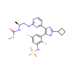 COC(=O)N[C@@H](C)CNc1nccc(-c2nc(C3CCC3)[nH]c2-c2cc(F)cc(NS(C)(=O)=O)c2Cl)n1 ZINC000169694685