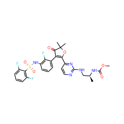 COC(=O)N[C@@H](C)CNc1nccc(C2=C(c3cccc(NS(=O)(=O)c4c(F)cccc4F)c3F)C(=O)C(C)(C)O2)n1 ZINC000220240668