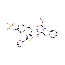 COC(=O)N[C@@H](Cc1ccccc1)C(=O)N[C@@H](Cc1ccc(NS(=O)(=O)O)cc1)c1csc(-c2ccco2)n1 ZINC000114390415