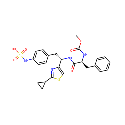 COC(=O)N[C@@H](Cc1ccccc1)C(=O)N[C@@H](Cc1ccc(NS(=O)(=O)O)cc1)c1csc(C2CC2)n1 ZINC000113897584