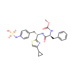 COC(=O)N[C@@H](Cc1ccccc1)C(=O)N[C@@H](Cc1ccc(NS(=O)(=O)O)cc1)c1nc(C2CC2)cs1 ZINC000114377622