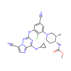 COC(=O)N[C@@H]1CCN(c2cc(C#N)cc(Nc3nc(NC4CC4)c4ncc(C#N)n4n3)c2Cl)C[C@@H]1F ZINC000169711944