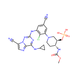 COC(=O)N[C@@H]1CCN(c2cc(C#N)cc(Nc3nc(NC4CC4)c4ncc(C#N)n4n3)c2Cl)C[C@H]1OP(=O)(O)O ZINC000169711942