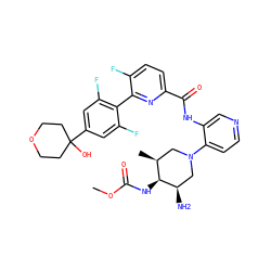 COC(=O)N[C@H]1[C@@H](C)CN(c2ccncc2NC(=O)c2ccc(F)c(-c3c(F)cc(C4(O)CCOCC4)cc3F)n2)C[C@H]1N ZINC000261153350