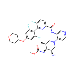 COC(=O)N[C@H]1[C@@H](C)CN(c2ccncc2NC(=O)c2ccc(F)c(-c3c(F)cc(OC4CCOCC4)cc3F)n2)C[C@H]1N ZINC000261184818