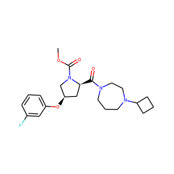 COC(=O)N1C[C@H](Oc2cccc(F)c2)C[C@@H]1C(=O)N1CCCN(C2CCC2)CC1 ZINC000072181464