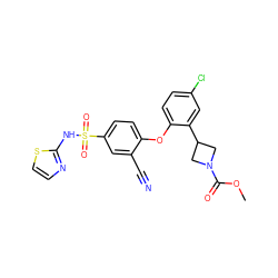 COC(=O)N1CC(c2cc(Cl)ccc2Oc2ccc(S(=O)(=O)Nc3nccs3)cc2C#N)C1 ZINC000095585146