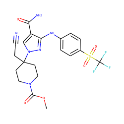 COC(=O)N1CCC(CC#N)(n2cc(C(N)=O)c(Nc3ccc(S(=O)(=O)C(F)(F)F)cc3)n2)CC1 ZINC000218409191