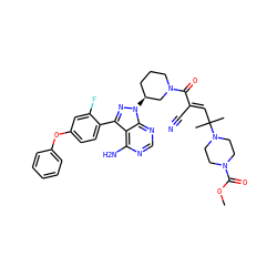 COC(=O)N1CCN(C(C)(C)/C=C(\C#N)C(=O)N2CCC[C@H](n3nc(-c4ccc(Oc5ccccc5)cc4F)c4c(N)ncnc43)C2)CC1 ZINC000224321959