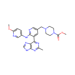 COC(=O)N1CCN(Cc2cnc(Nc3ccc(OC)nc3)c(-c3nc(C)nc4[nH]cnc34)c2)CC1 ZINC000113148791