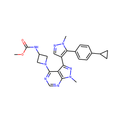 COC(=O)NC1CN(c2ncnc3c2c(-c2cnn(C)c2-c2ccc(C4CC4)cc2)nn3C)C1 ZINC000169706091