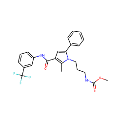 COC(=O)NCCCn1c(-c2ccccc2)cc(C(=O)Nc2cccc(C(F)(F)F)c2)c1C ZINC000220740837