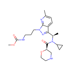 COC(=O)NCCCn1nc([C@@H](C)N(C(=O)[C@H]2CNCCO2)C2CC2)c2ccc(C)nc21 ZINC001772633164
