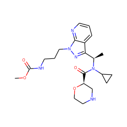 COC(=O)NCCCn1nc([C@@H](C)N(C(=O)[C@H]2CNCCO2)C2CC2)c2cccnc21 ZINC001772607274