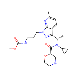 COC(=O)NCCCn1nc([C@H](C)N(C(=O)[C@H]2CNCCO2)C2CC2)c2ccc(C)nc21 ZINC001772648319