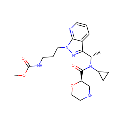 COC(=O)NCCCn1nc([C@H](C)N(C(=O)[C@H]2CNCCO2)C2CC2)c2cccnc21 ZINC001772637579