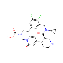 COC(=O)NCCc1cc(Cl)c(Cl)c(CN(C(=O)[C@H]2CNCC[C@@H]2c2ccn(C)c(=O)c2)C2CC2)c1 ZINC000072174994
