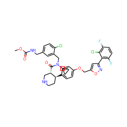 COC(=O)NCc1ccc(Cl)c(CN(C(=O)[C@H]2CNCC[C@@H]2c2ccc(OCc3cc(-c4c(F)ccc(F)c4Cl)no3)cc2)C2CC2)c1 ZINC000072148930