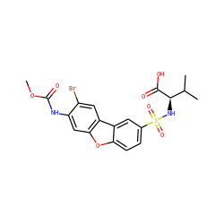 COC(=O)Nc1cc2oc3ccc(S(=O)(=O)N[C@@H](C(=O)O)C(C)C)cc3c2cc1Br ZINC000040845881