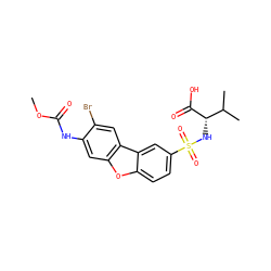COC(=O)Nc1cc2oc3ccc(S(=O)(=O)N[C@H](C(=O)O)C(C)C)cc3c2cc1Br ZINC000040952496