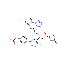 COC(=O)Nc1ccc(-c2cc([C@H](CC(=O)N3CC[C@@H](O)C3)NC(=O)/C=C/c3cc(Cl)ccc3-n3cnnn3)c(Cl)nn2)cc1 ZINC000164401683