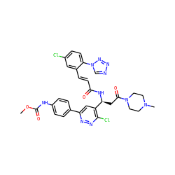 COC(=O)Nc1ccc(-c2cc([C@H](CC(=O)N3CCN(C)CC3)NC(=O)/C=C/c3cc(Cl)ccc3-n3cnnn3)c(Cl)nn2)cc1 ZINC000068150451