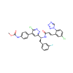 COC(=O)Nc1ccc(-c2cc([C@H](Cc3cccc(F)c3)NC(=O)/C=C/c3cc(Cl)ccc3-n3cnnn3)nnc2Cl)cc1 ZINC000164452587
