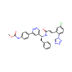COC(=O)Nc1ccc(-c2cc([C@H](Cc3ccccc3)NC(=O)/C=C/c3cc(Cl)ccc3-n3cnnn3)cnn2)cc1 ZINC000113917521