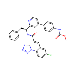 COC(=O)Nc1ccc(-c2ccnc([C@H](Cc3ccccc3)NC(=O)/C=C/c3cc(Cl)ccc3-n3cnnn3)c2)cc1 ZINC000115471865