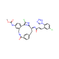 COC(=O)Nc1ccc2c(c1)CNC(=O)c1ccc(cc1)C[C@H](NC(=O)/C=C/c1cc(Cl)ccc1-n1cnnn1)c1nc-2c(Cl)[nH]1 ZINC000222147084