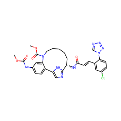 COC(=O)Nc1ccc2c(c1)N(C(=O)OC)CCCCC[C@H](NC(=O)/C=C/c1cc(Cl)ccc1-n1cnnn1)c1ncc-2[nH]1 ZINC000230573716