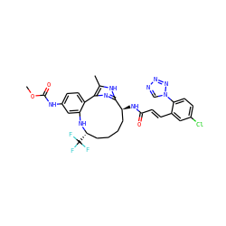 COC(=O)Nc1ccc2c(c1)N[C@@H](C(F)(F)F)CCCC[C@H](NC(=O)/C=C/c1cc(Cl)ccc1-n1cnnn1)c1nc-2c(C)[nH]1 ZINC000230573321