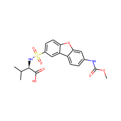 COC(=O)Nc1ccc2c(c1)oc1ccc(S(=O)(=O)N[C@@H](C(=O)O)C(C)C)cc12 ZINC000040914849